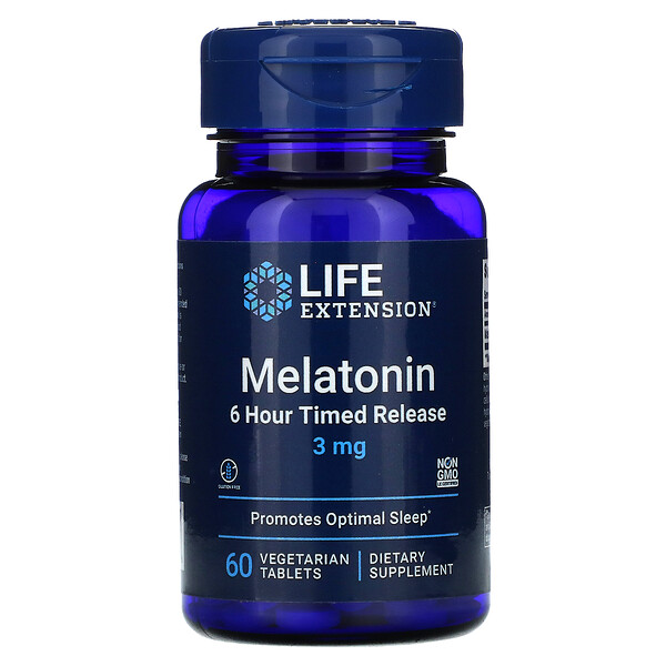 Life Extension, メラトニン、6時間持続放出、3mg、植物性タブレット60粒