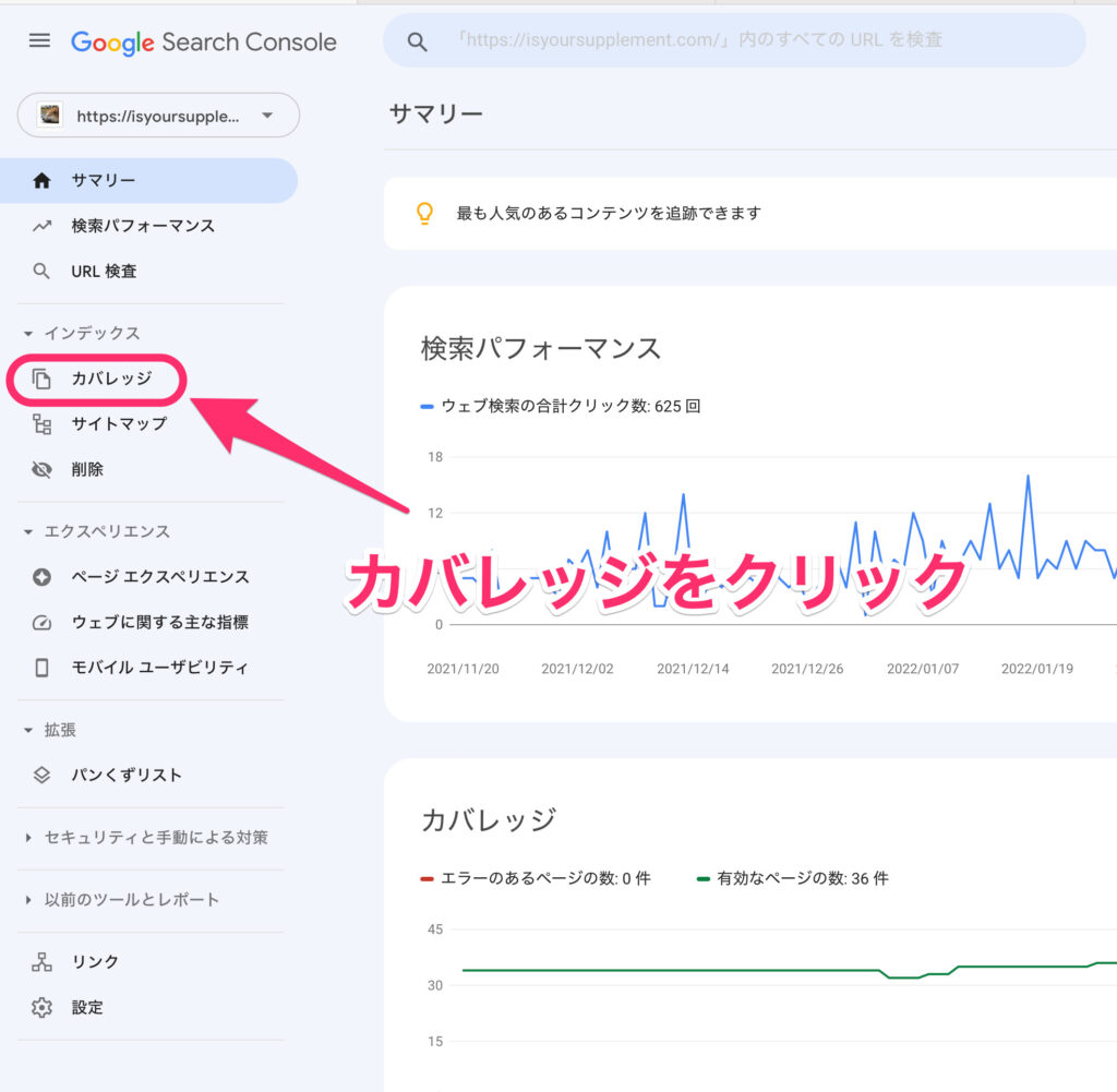 Search Consoleでカバレッジをクリック
